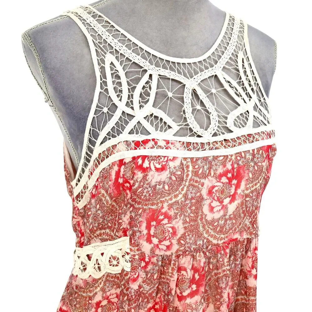 Free People Dress Womens 10 Maxi Ivory Red Pink Floral Lace Trim Lined Chiffon - Picture 6 of 13